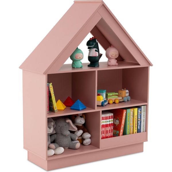 Costway Libreria A Forma Di Casa, Scaffale Per Giocattoli In Legno Con 5 Scomparti E Protezione Antiribaltamento, Espositore Aperto A 3 Livelli Per Bambini Rosa-image