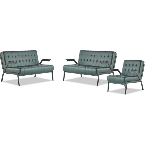 Set Di Divani Poltrona 2 Posti Verde Acciaio Inox Pelle Moderna Chesterfield Legno-image