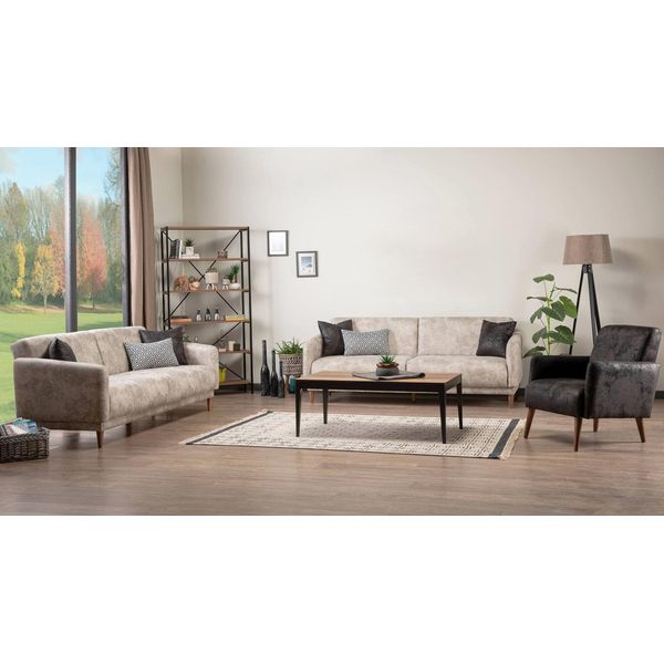 Set Soggiorno 2X Divano 3 Posti Tavolino Libreria Poltrona Beige Grigio-image