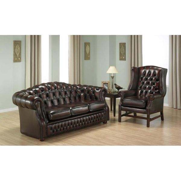 Chesterfield 3 Posti + Poltrona Ad Ala Set Divano Divano Divano Divano In Pelle Nuovo-image
