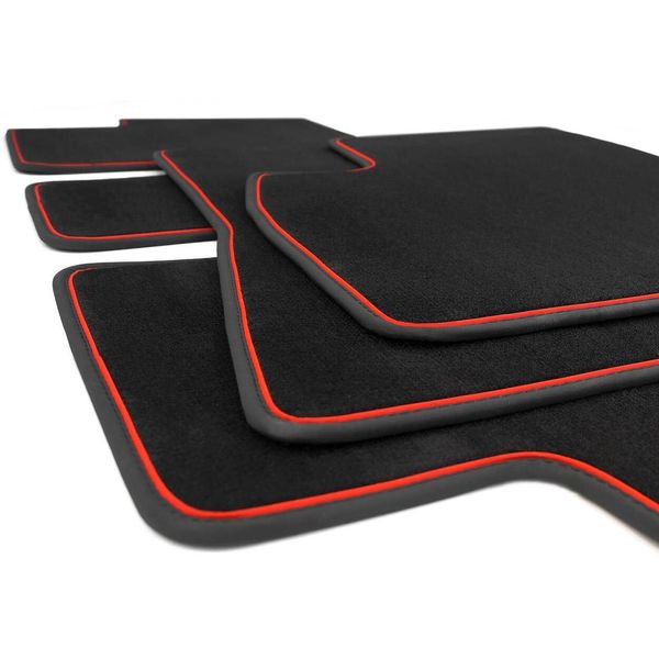 Tappetini Tesla Model 3 Premium Tappetini Auto Accessori Tuning Sport, (Trim Band Red) Tappeto Auto Velours Nero-image