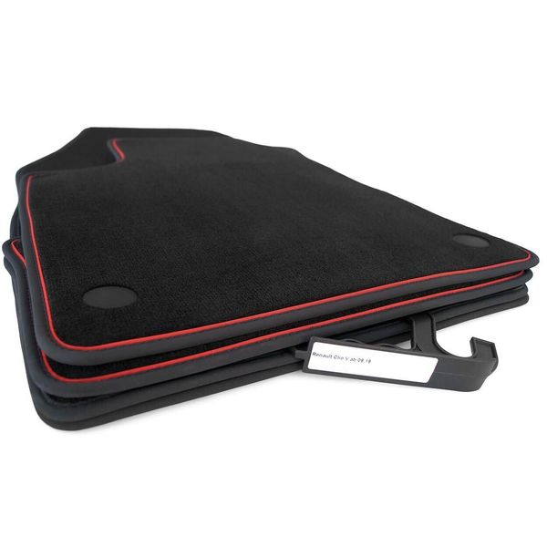 Tappetini Renault Clio 5 Tuning Sport Premium Tappetini Auto Accessori, Velours 4 Pezzi Nero, Banda Di Rifinitura Rossa-image