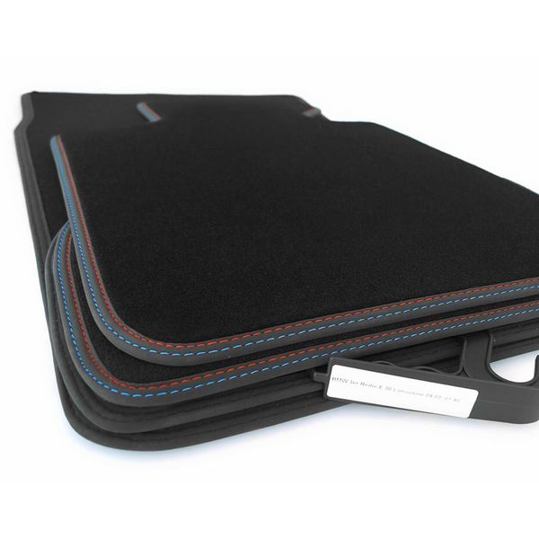 Tappetini Per Bmw Serie 3 E30 M3 Tappetini In Velours Premium In Moquette Originale Di Qualità, Doppia Cucitura Rosso Blu-image