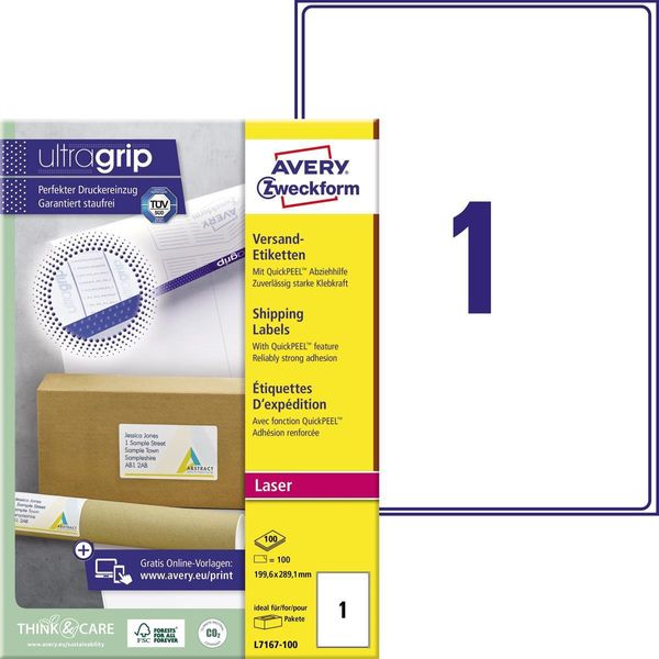 Avery Zweckform® L7167-100 L7167-100 Etichette Per Spedizioni - 199,6X289,1 Mm, 100 Pezzi, Bianco-image
