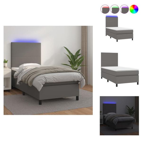 Vidaxl Letto A Molle Insacchettate Con Materasso E Led Grigio 90X190 Cm In Pelle Finta - Letti & Strutture Letto-image