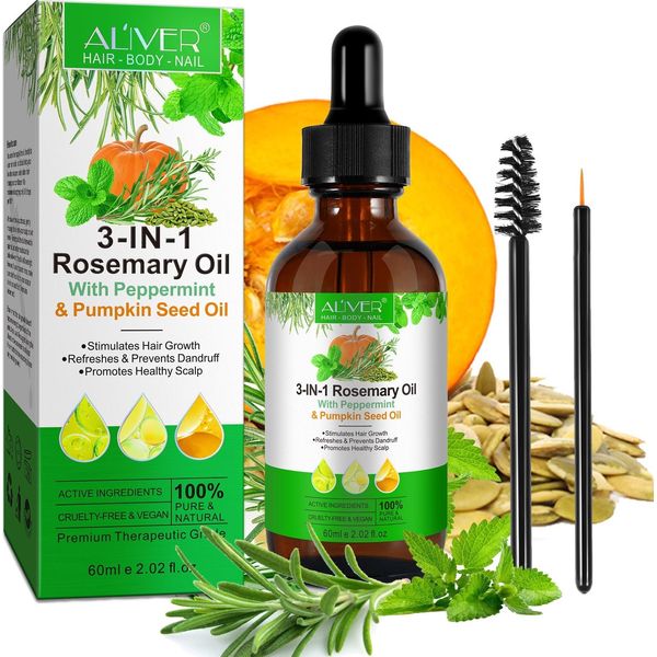 Olio Per Capelli 3 In 1 Olio Essenziale Olio Di Rosmarino Olio Di Menta Piperita Olio Di Semi Di Zucca Capelli Ciglia Bio Vegan, 1X 60Ml-image