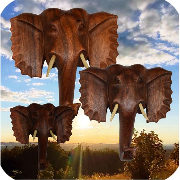 Elefante In Legno Maschera Da Parete Appesa Maschera Da Parete In Legno Africa Asia Portafortuna Decorazione Fatta A Mano, Medio-image