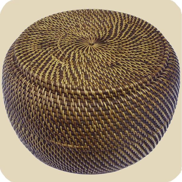Cestino Con Coperchio In 100% Ata, Rattan Di Palma, Cestino Decorativo Unico Cestino In Legno Fatto A Mano Naturale Rotondo 33X20 Cm-image