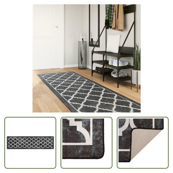 The Living Store Tappeto Lavabile Bianco E Nero 80X300 Cm Antiscivolo-image