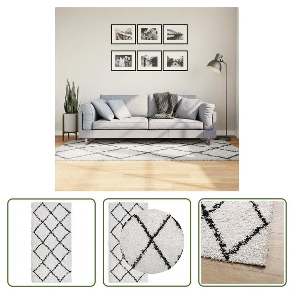 The Living Store Tappeto Shaggy A Pelo Alto Moderno Crema E Nero 100X200 Cm-image