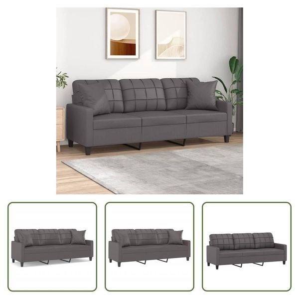 The Living Store Divano A 3 Posti Con Cuscini Decorativi Grigio 180 Cm In Ecopelle-image