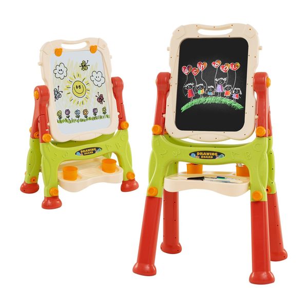 Lavagna Per Bambini Costway Bifacciale, Regolabile In Altezza, Lavagna Magnetica Per Bambini Da 2 Anni, Verde, Arancione-image