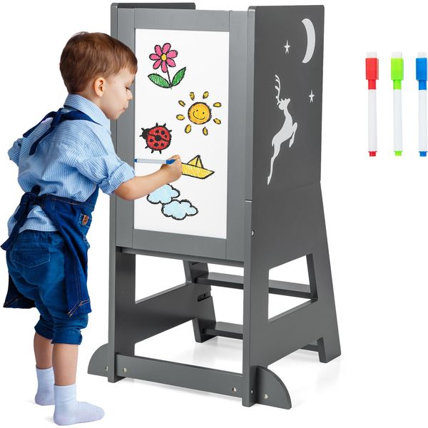 Costway Torre Di Apprendimento Per Bambini, Sgabello Montessoriano 2 In 1 Con 3 Altezze Regolabili, Portata 70 Kg (Grigio)-image