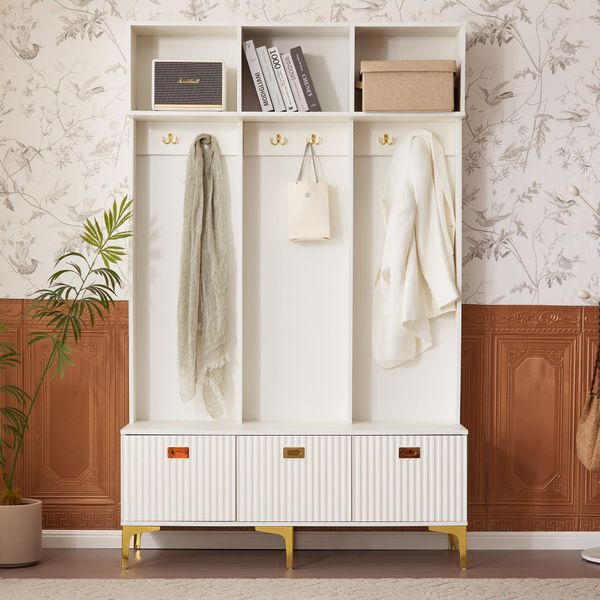 Abrihome Set Di Appendiabiti Per Corridoio- 120X23,5X191,5 Cm Con Panca E Ganci, Contenitore Aperto, Bianco-image