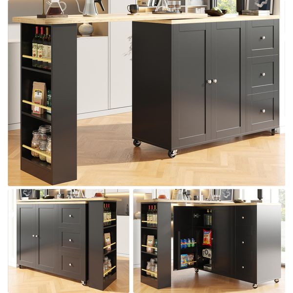 Flieks Tavolo Da Pranzo Tavolo Da Cucina Girevole A 360°, Tavolo Da Bar Carrello Da Pranzo Carrello Da Cucina A Isola Con Cassettiera, Tavolo Rettangolare, Carrello Da Portata 138/209X39Cm, Nero-image