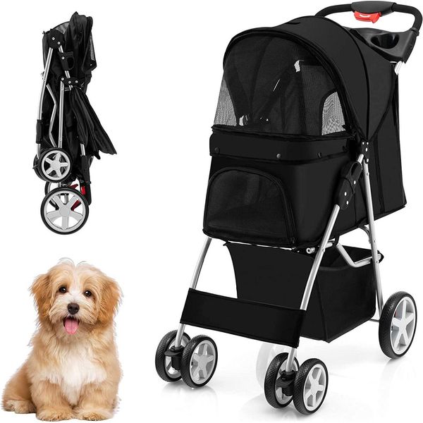 Costway Passeggino Per Cani Fino A 15 Kg, Passeggino Per Cani Con Finestre A Rete E Portabicchieri E Rimorchio, Passeggino Per Cani Piccoli E Gatti (Nero)-image