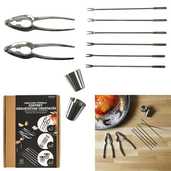 Set Di Posate Da Mare In Acciaio Inox Da 10 Pezzi - Include Cracker Per Granchi, Forchette E Ciotole Per Salse - Perfetto Per L'aragosta - Argento-image
