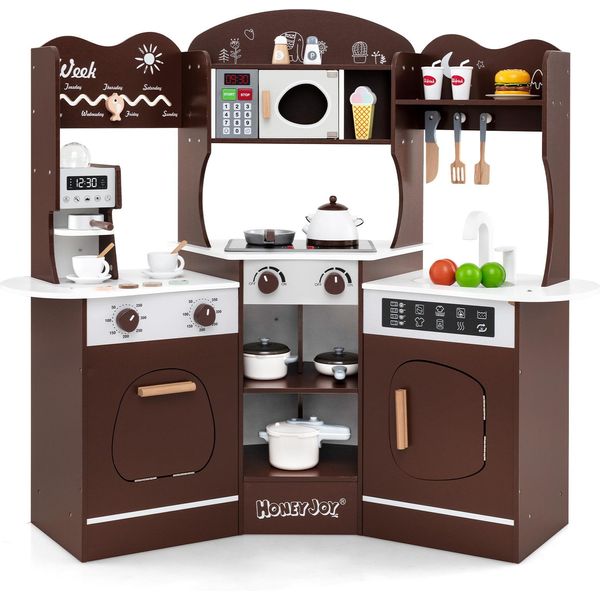 Costway Angolo Cucina In Legno, Cucina Per Bambini Con Suoni E Luci, Playset Con Scivolo, Microonde, Forno, Caffè E Lavatrice, Per Bambini 3+ Brown-image