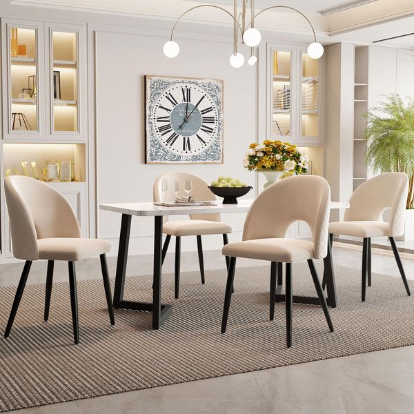 Flieks Set Da Pranzo Tavolo Da Pranzo Con 4 Sedie Sala Da Pranzo 5Pcs, Set Sala Da Pranzo, Tavolo Da Pranzo Rettangolare Con Gambe Nere, Sedie Imbottite Con Rivestimento In Velluto, Beige-image