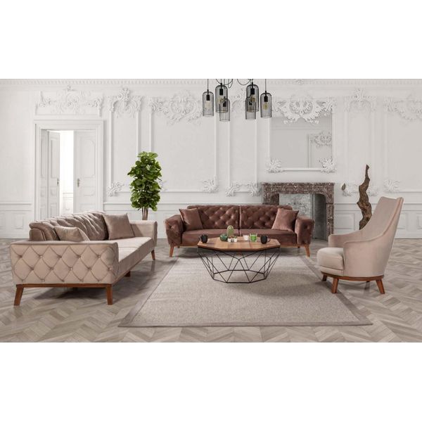 Set Divano Divano 3+3+1 Posti Soggiorno Marrone Poltrona Tessuto Chesterfield Velluto-image