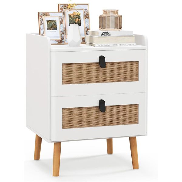 Comodino Costway Con 2 Cassetti, Tavolino Moderno, Comodino Con Gambe In Legno Massiccio Per Stanze Piccole, Comodino In Stile Boho 45 X 40 X 57 Cm, Bianco-image