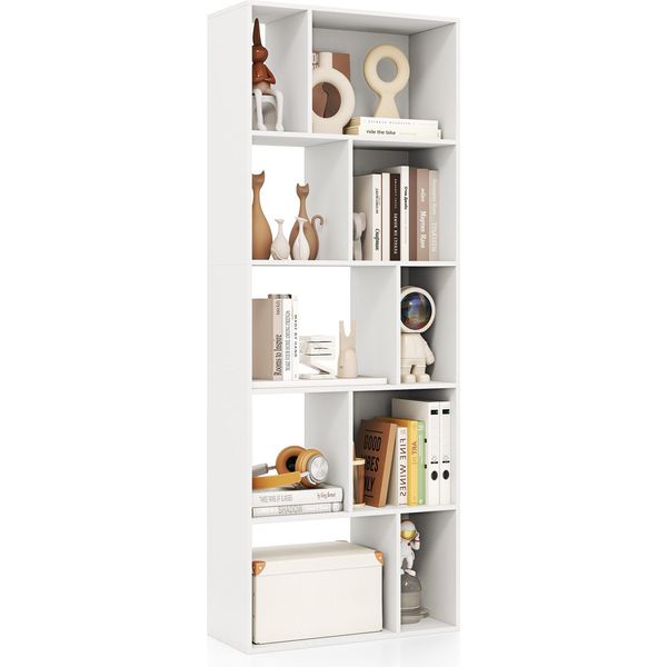 Costway Libreria A 5 Livelli, Scaffale Espositivo Organizzatore Per La Casa, Scaffale In Legno Con 10 Scomparti, Divisorio Per Ambienti Indipendente Bianco-image