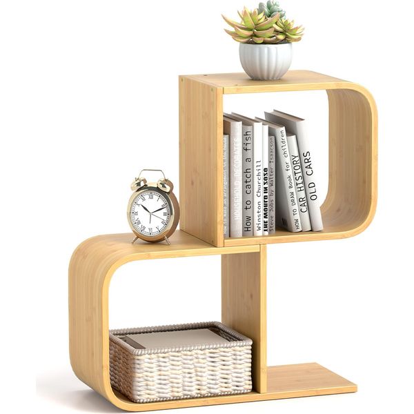 Costway Libreria A 2 Livelli A Forma Di S, Scaffale In Bambù Con 2 Cubi Aperti, Scaffale Angolare Geometrico, Scaffale Espositivo Decorativo Naturale-image