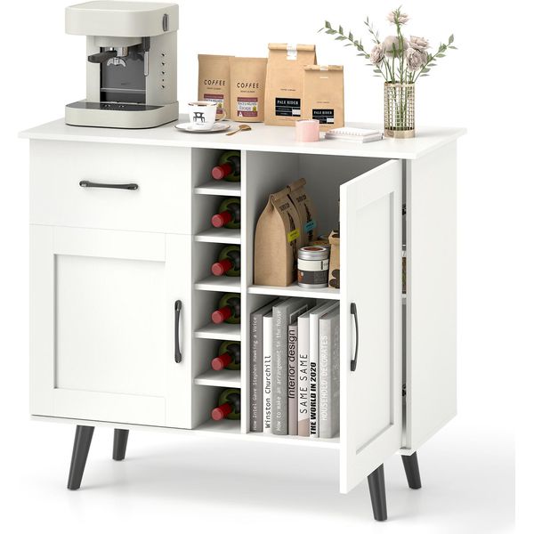 Credenza Buffet Costway, Mobile Wine Bar Moderno Con 6 Bottiglie Di Vino, 1 Cassetto, 2 Ante E 2 Ripiani Regolabili Bianco-image