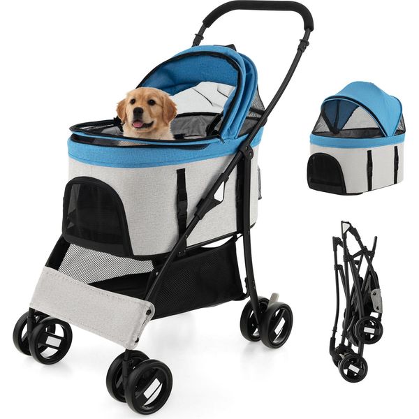 Costway Passeggino Pieghevole Per Cani 3In1, Passeggino Per Cani Fino A 15 Kg Con Finestre A Rete, Capottina, Trasportino, Cestino Blu-image