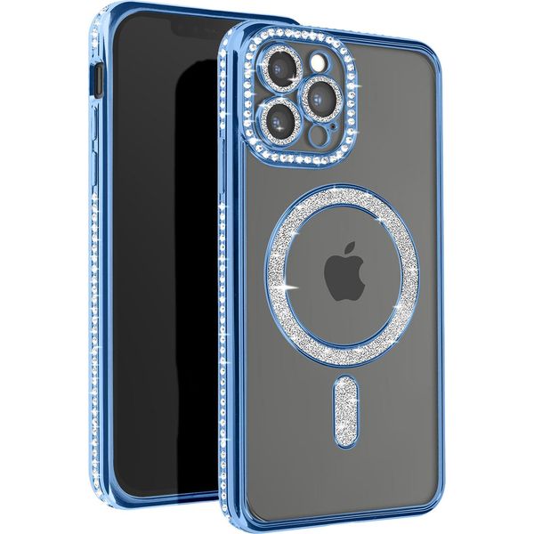 Avizar, Custodia Diamantata Per Iphone 12 Pro Max - Protezione Magsafe Con Bordo In Strass, Blu Chiaro-image