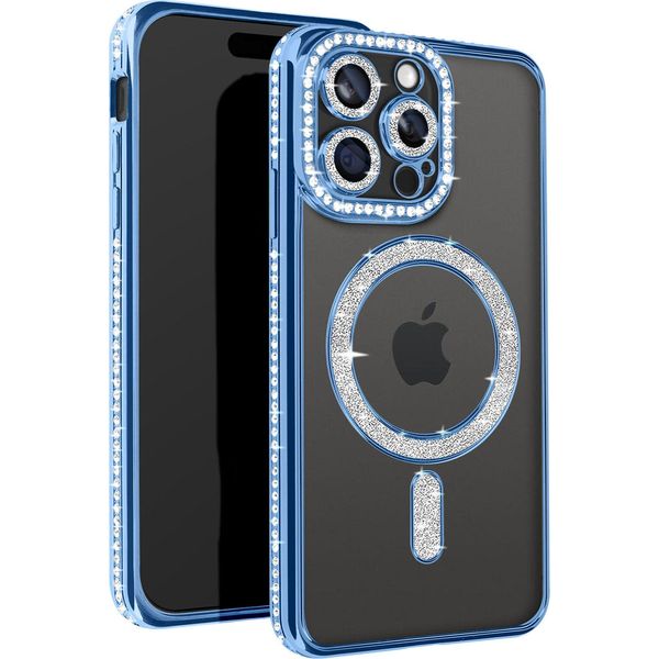 Avizar, Custodia Diamantata Per Iphone 15 Pro - Protezione Magsafe Con Bordo In Strass, Blu Chiaro-image
