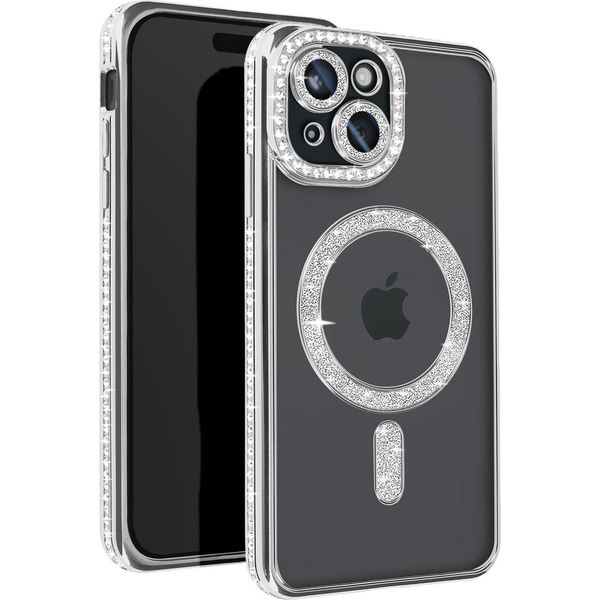 Avizar, Custodia Diamantata Per Iphone 15 - Protezione Magsafe Con Bordo In Strass, Argento-image