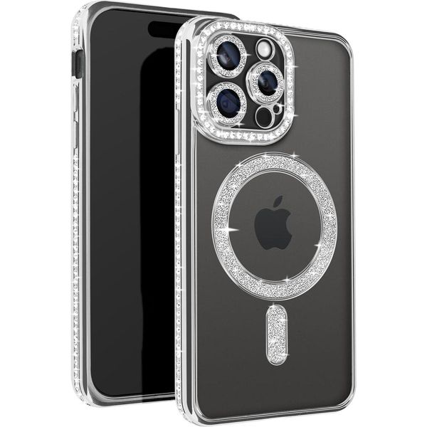 Avizar, Custodia Diamantata Per Iphone 15 Pro - Protezione Magsafe Con Bordo In Strass, Argento-image