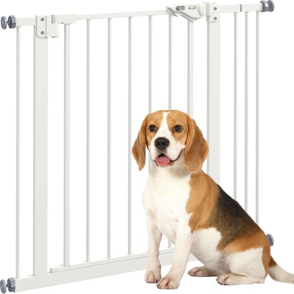 Cancelletto Di Sicurezza Per Cani Pawhut, Cancelletto A Barriera, 74-87 Cm, Cancelletto Per Animali Domestici, Cancelletto Per Cani Con Prolunga, Cancelletto Di Sicurezza Senza Foratura, Metallo, Plastica, Bianco-image