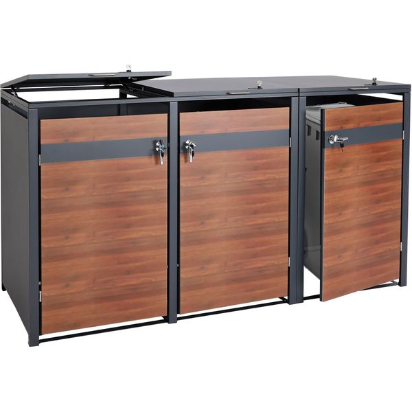 Contenitore Per Rifiuti A 3 Scomparti HWC-J82, Contenitore Per Rifiuti, Espandibile, In Metallo Da 80 Kg, Antracite ~ Marrone Scuro Effetto Ciliegio-image