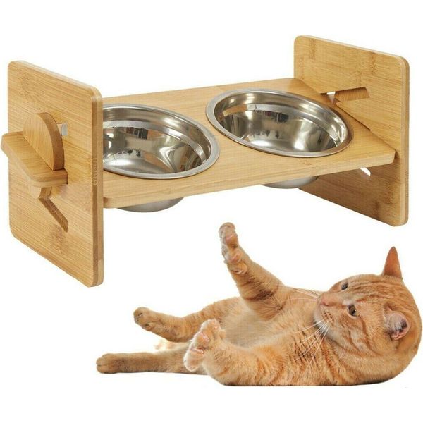 Wisfor Ciotola Di Alimentazione Rialzata Con 2 Ciotole In Acciaio Inox, Stazione Di Alimentazione Regolabile Per Cani/Gatti, Ciotola Di Alimentazione In Bambù-image