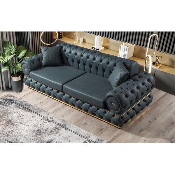 Divano 3 Posti Chesterfield Imbottito Divani Tre Posti In Pelle Soggiorno Blu Mobili-image