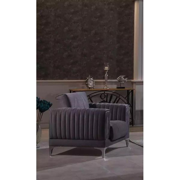 Poltrona Grigia Imbottita Monoposto Arredo Soggiorno Struttura In Legno Tessuto-image