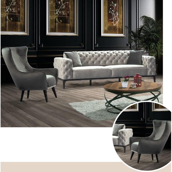 Poltrona Wing Chair Tessuto Soggiorno Poliestere Design Grigio Seduta Moderna-image