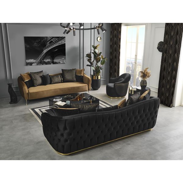 Divano Chesterfield Set Divano Poltrona Blu Poliestere Lusso Set 3 Pezzi-image