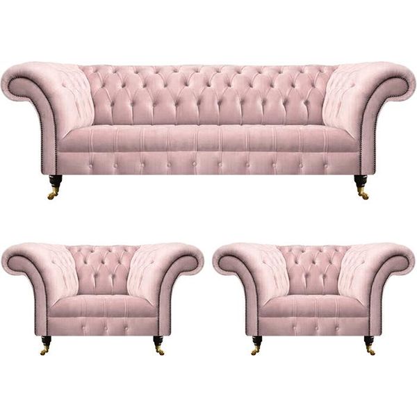 Set Soggiorno 3 Pezzi Divano Tre Posti Rosa Completo 2X Poltrona Chesterfield-image