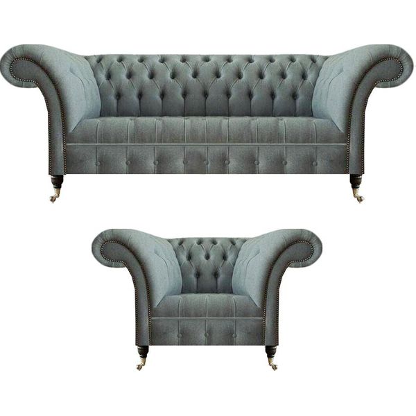 Set Da Salotto 2 Pezzi Divano Moderno Chesterfield Divano A Tre Posti Poltrona Grigia-image