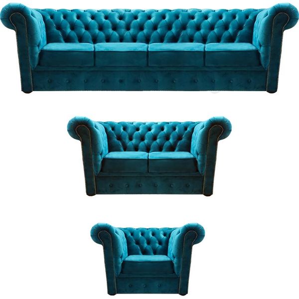 Blu Nuovo Set Di Divani 3 Pezzi Moderno Tessile Chesterfield Soggiorno Completo-image