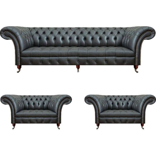 Set Di Divani In Pelle 3 Pezzi Divano A Tre Posti 2X Poltrone Soggiorno Chesterfield-image