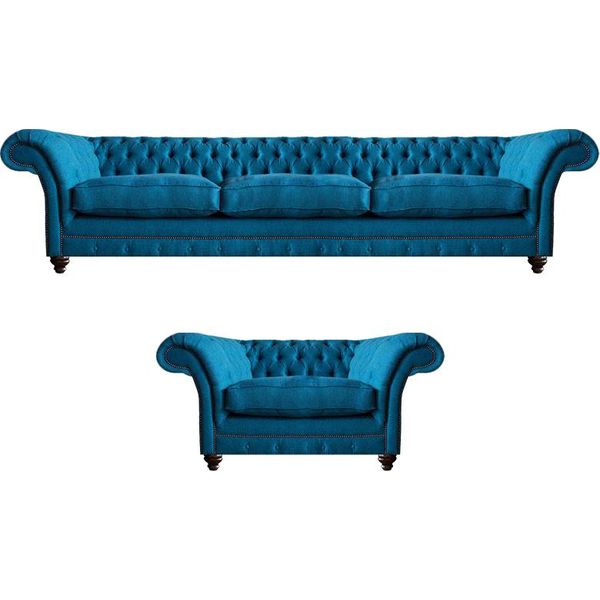 Divano Blu A Tre Posti Imbottito Divano Poltrona Tessile Arredamento Chesterfield-image