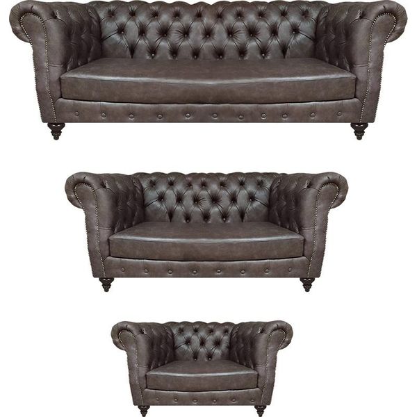 Soggiorno Marrone Set 3 Pezzi Mobili Imbottiti Divani In Pelle Moderni Completo Chesterfield-image