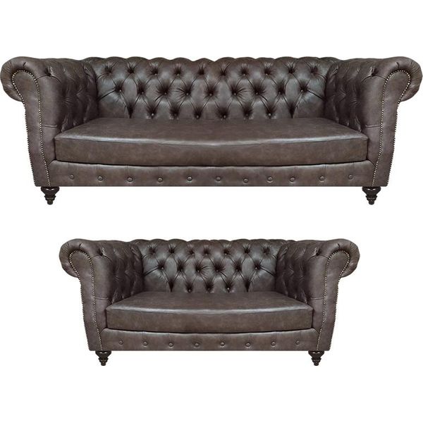 Soggiorno Divano Marrone A Tre Posti Con Divano A Due Posti Imbottito Chesterfield-image