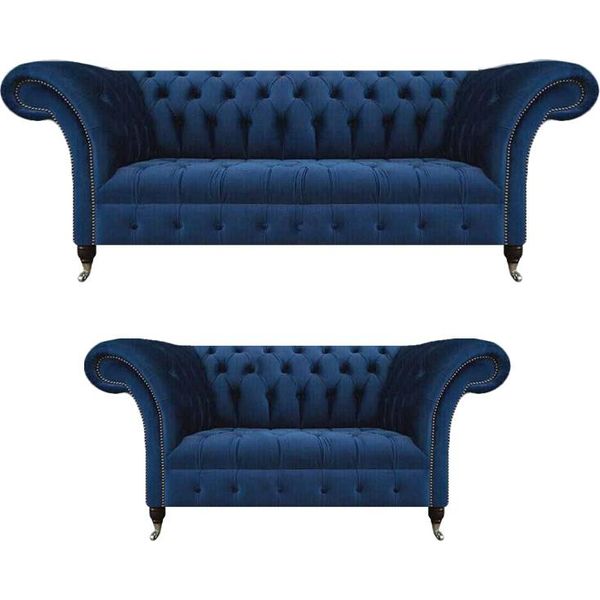Mobili Di Design Soggiorno Chesterfield Blu 2X Divani Imbottiti Mobili D'arredamento-image