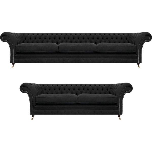 Set Chesterfield 2X Divani Imbottiti Tessili Mobili Neri Set Divano Completo-image
