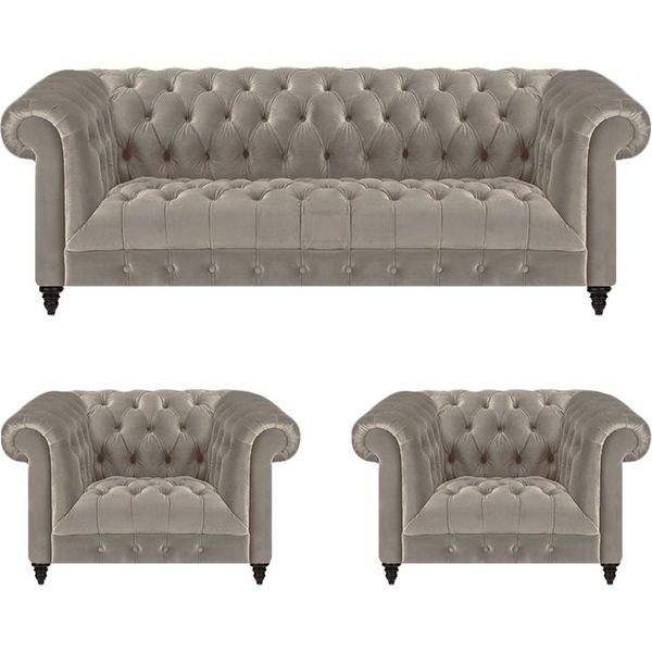 Divano Imbottito Di Lusso Grigio Divano A Tre Posti 2X Poltrona Soggiorno Chesterfield-image